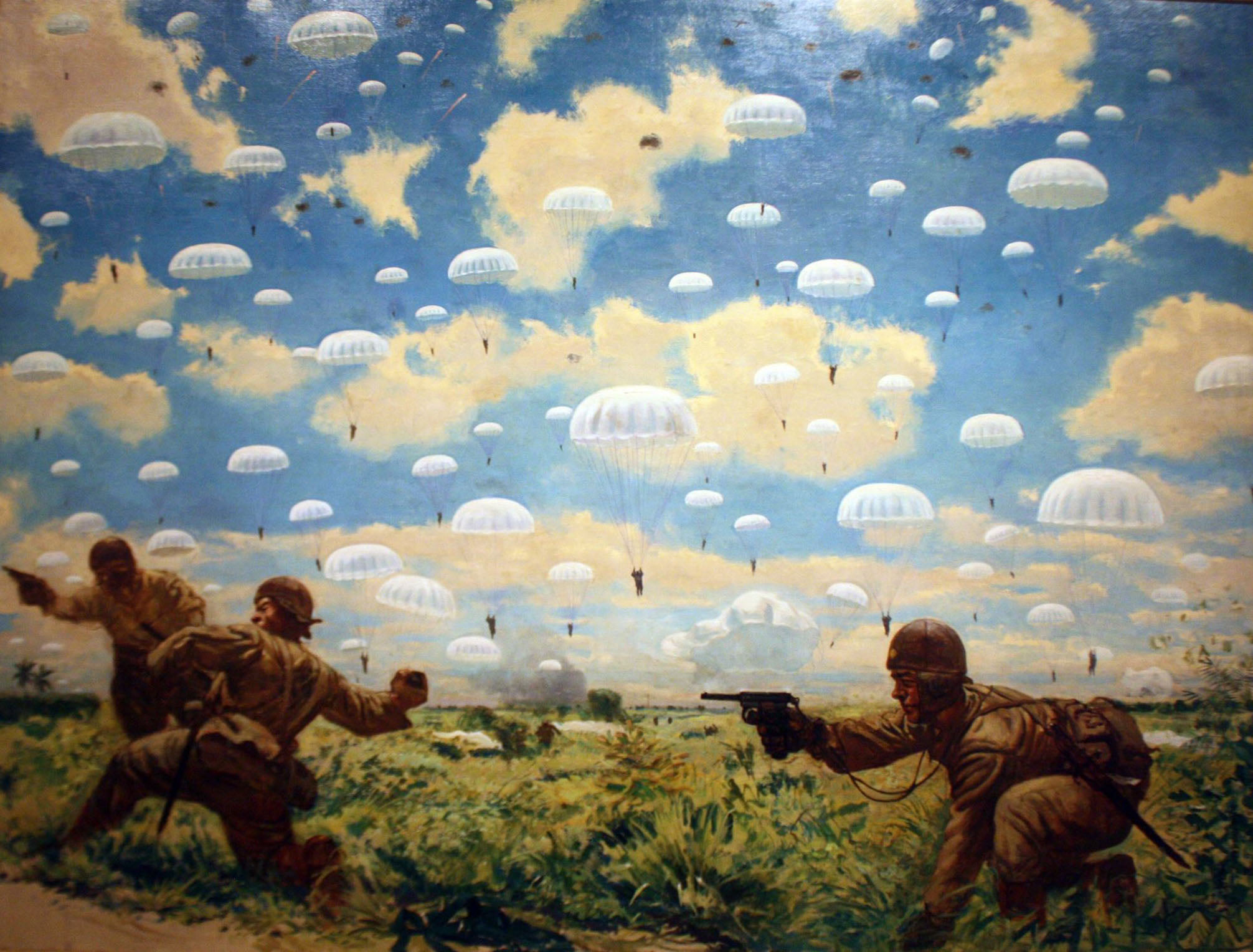 Japanese paratroops landing at Palembang (painting by Goro Tsuruta)